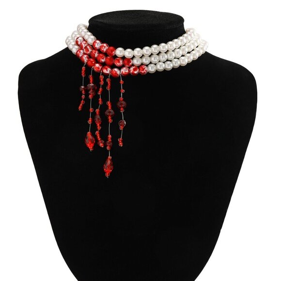 Vampire Bite Elegant Blood Droplets Pearl Collar Dripping Red Crystal Choker - Picture 5 of 5